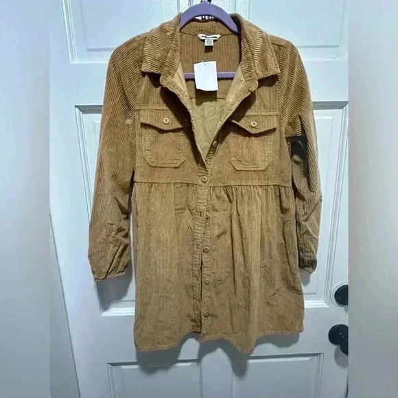 American Eagle Light Brown Tan Corduroy Button Up Shirt Dress Women’s Size XS AE - Picture 2 of 6